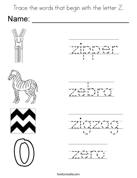 Trace the words that begin with the letter z coloring page
