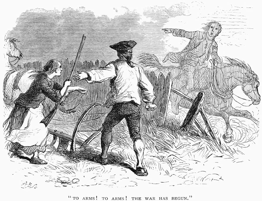 Lexington minutemen na horse rider alerting a minuteman that the war has begun as the british were marching upon lexington and concord line engraving th century poster print by