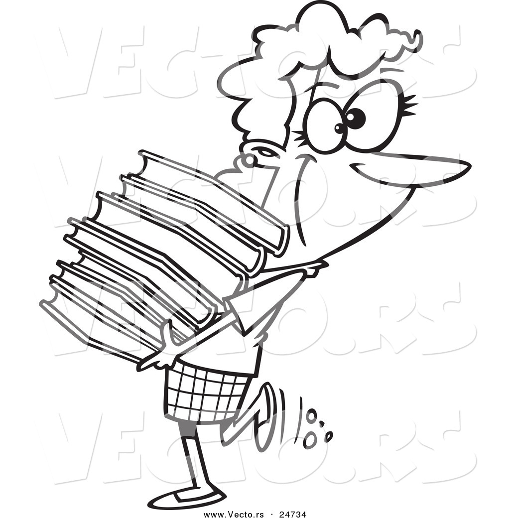R of a cartoon librarian or heavy reader carrying a large stack of books
