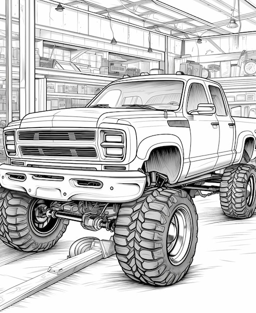 Premium ai image mechanics masterpiece realistic monster truck coloring page in a workshop