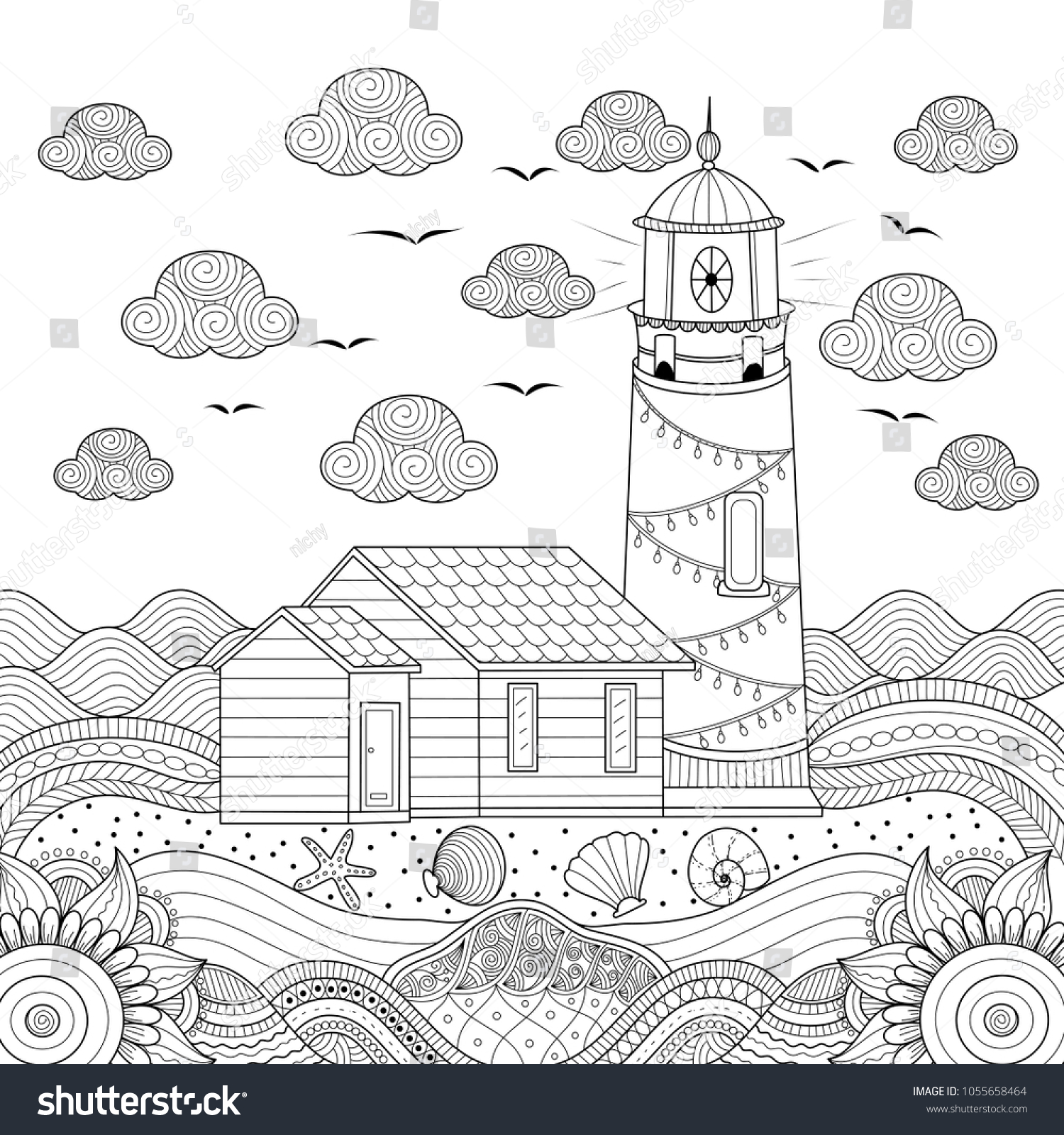 Lighthouse coloring book page adult hand stock vector royalty free