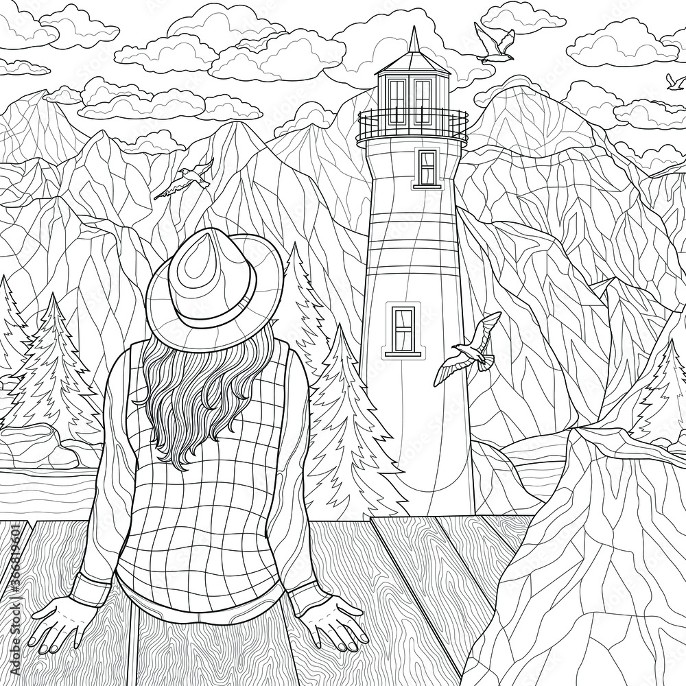 Landscape girls sitting on the bridge and looking at the lighthouse coloring book antistress for children and adults zen