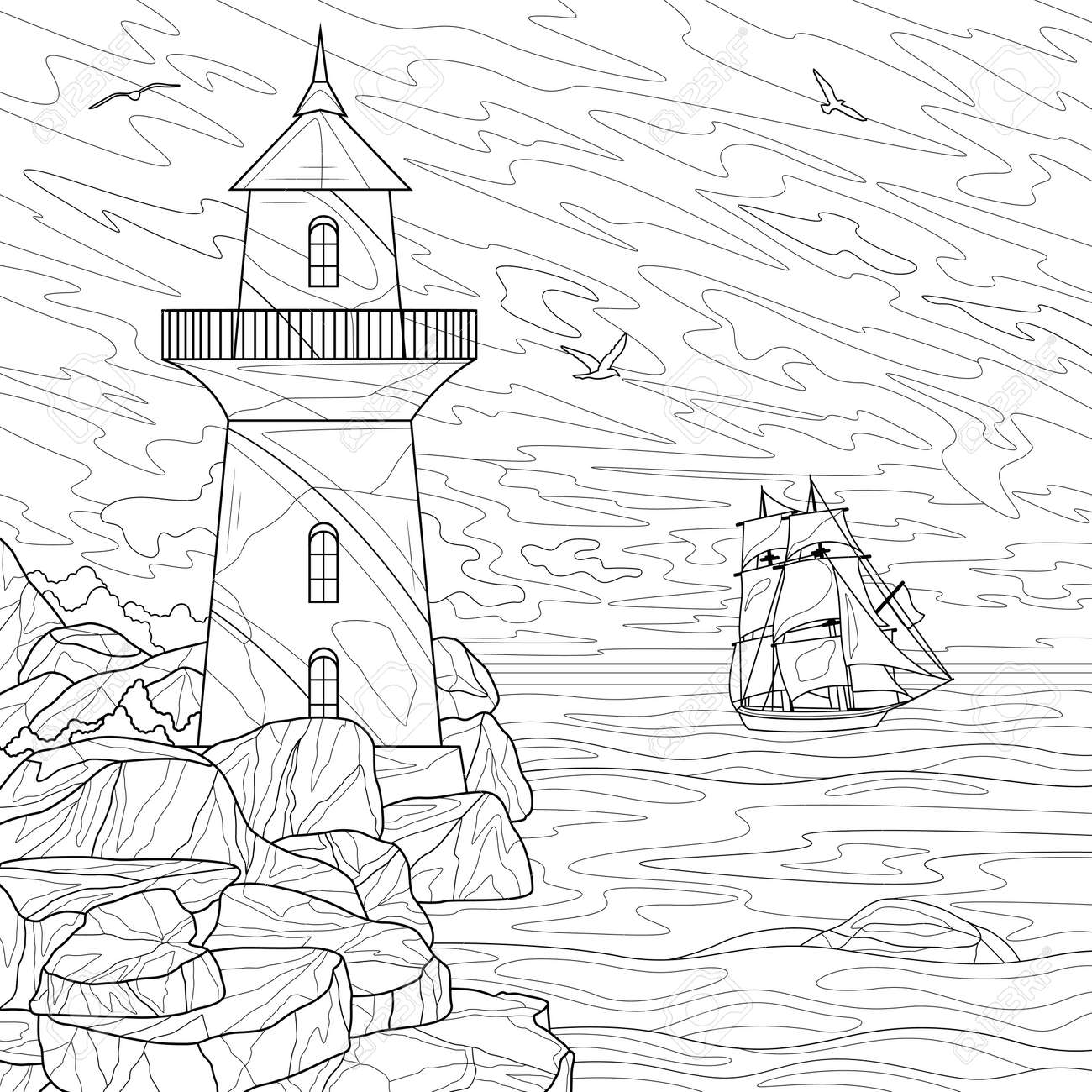 Lighthouse and shiplandscapecoloring book antistress for children and adults royalty free svg cliparts vectors and stock illustration image