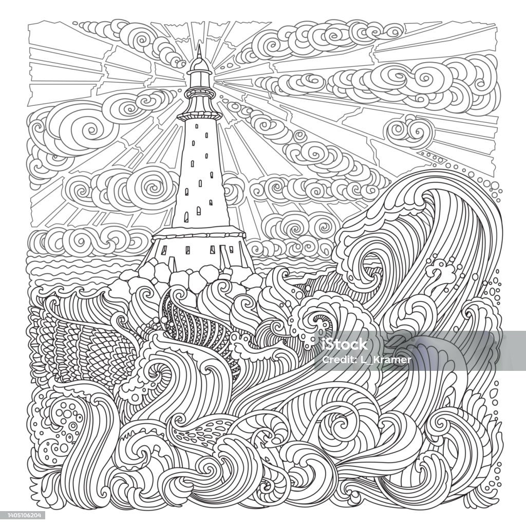Vector line art ocean waves sea island lighthouse tower adults coloring book square page stock illustration