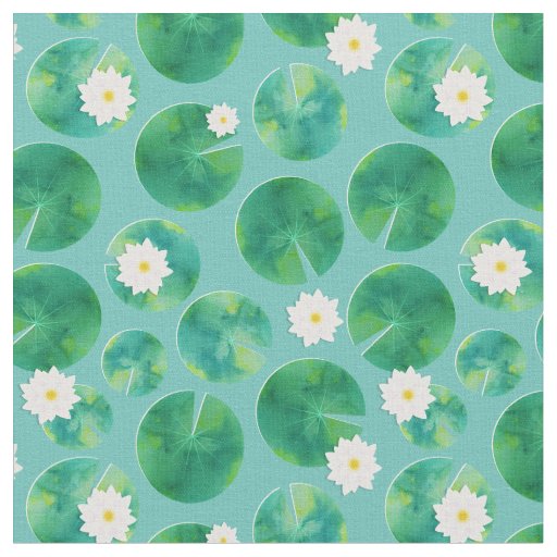 White water lily flowers lily pad pattern fabric