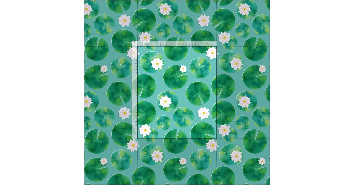 White water lily flowers lily pad pattern fabric