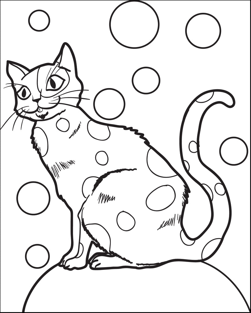 Cat sitting on a seat with bubbles around it coloring page for kids â