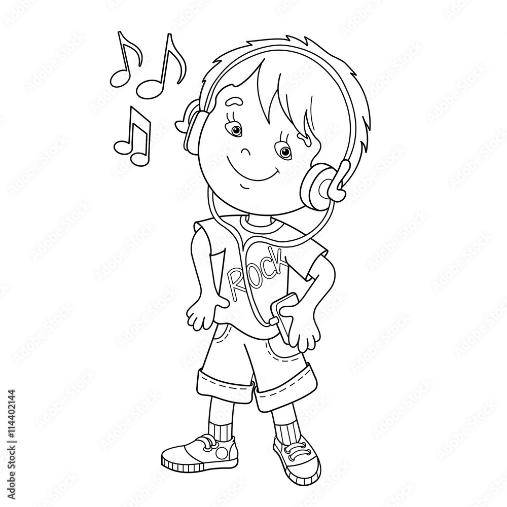 Coloring page outline of boy in headphones listening to music vector