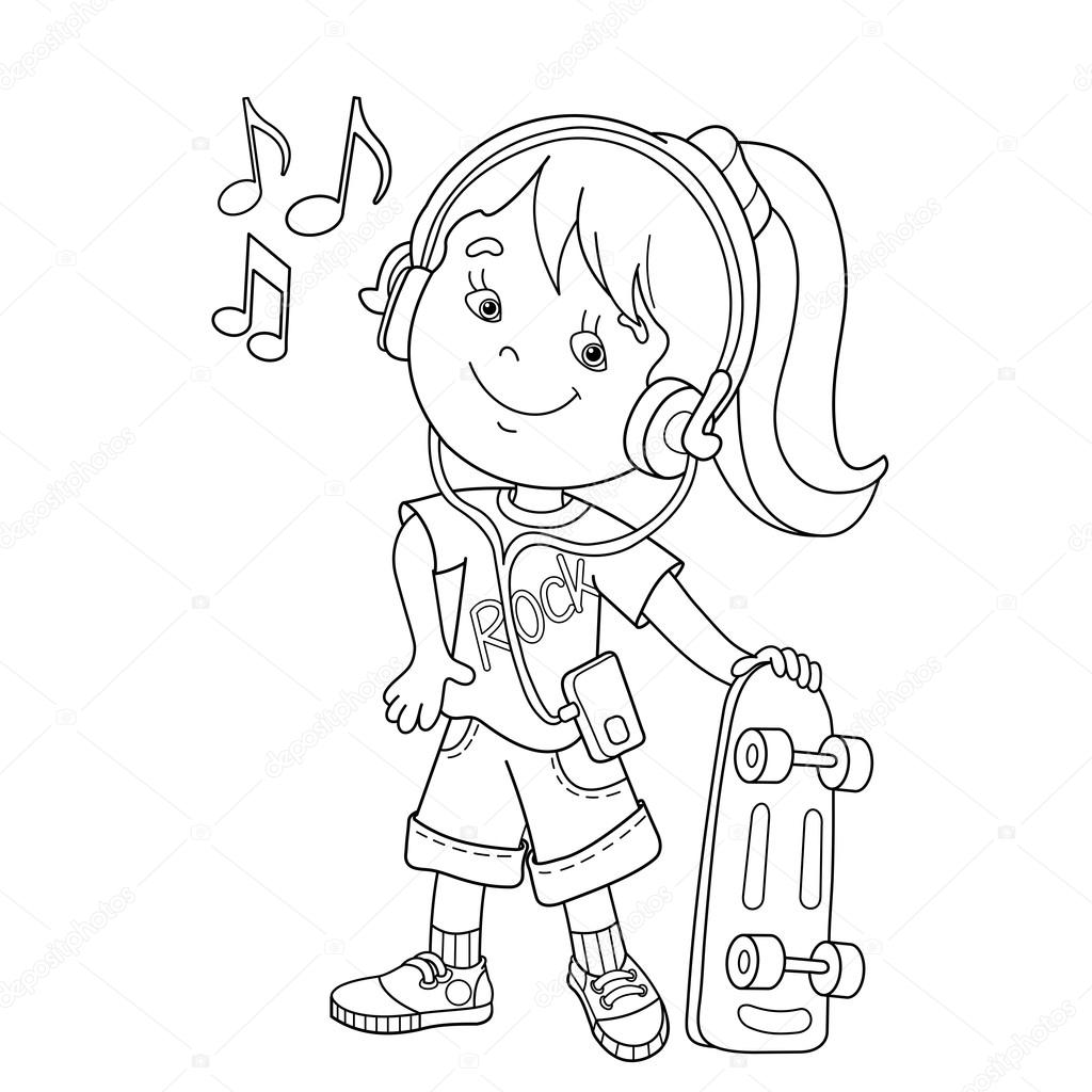 Coloring page outline of girl in headphones with with skateboard listening to music coloring book for kids stock vector by oleon