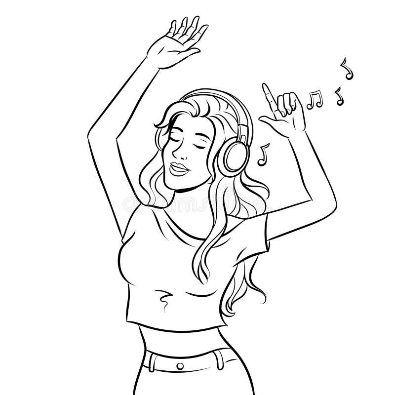 Girl listen music and dancing coloring book vector stock vector