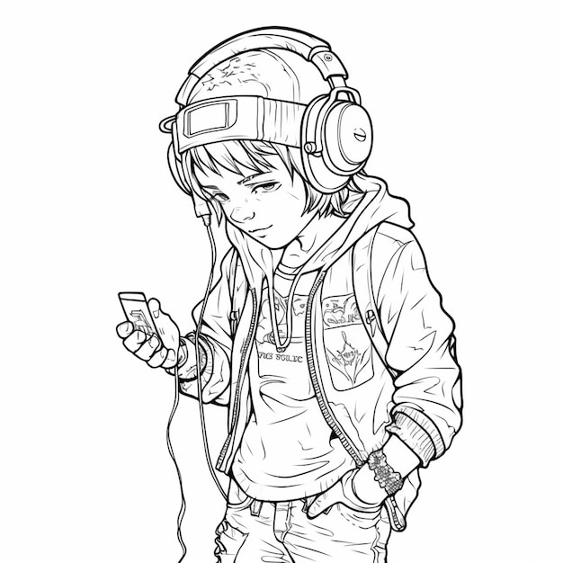 Premium ai image coloring pages of a boy listening to music with headphones generative ai