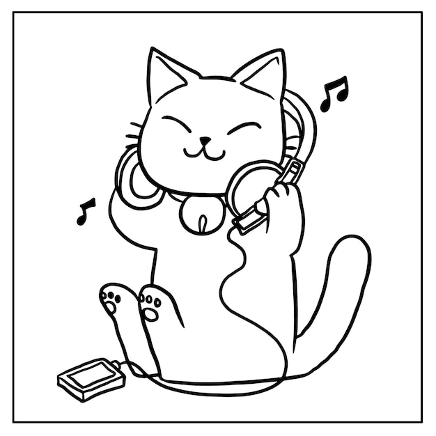 Premium vector coloring page cat listening to music happiness cartoon ic kawaii