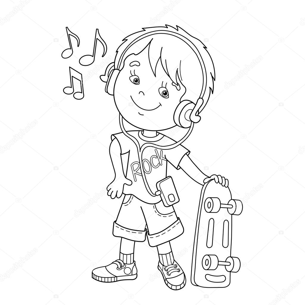 Coloring page outline of boy in headphones with skateboard listening to music coloring book for kids stock vector by oleon