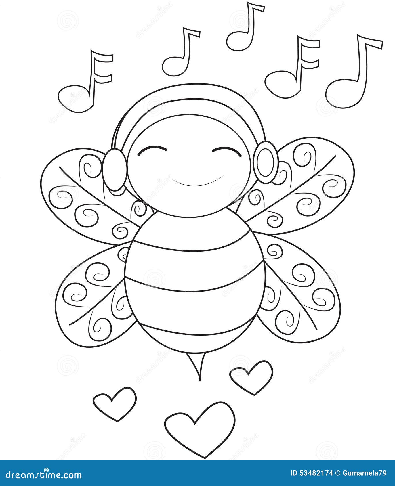 Bee listening to music coloring page stock illustration