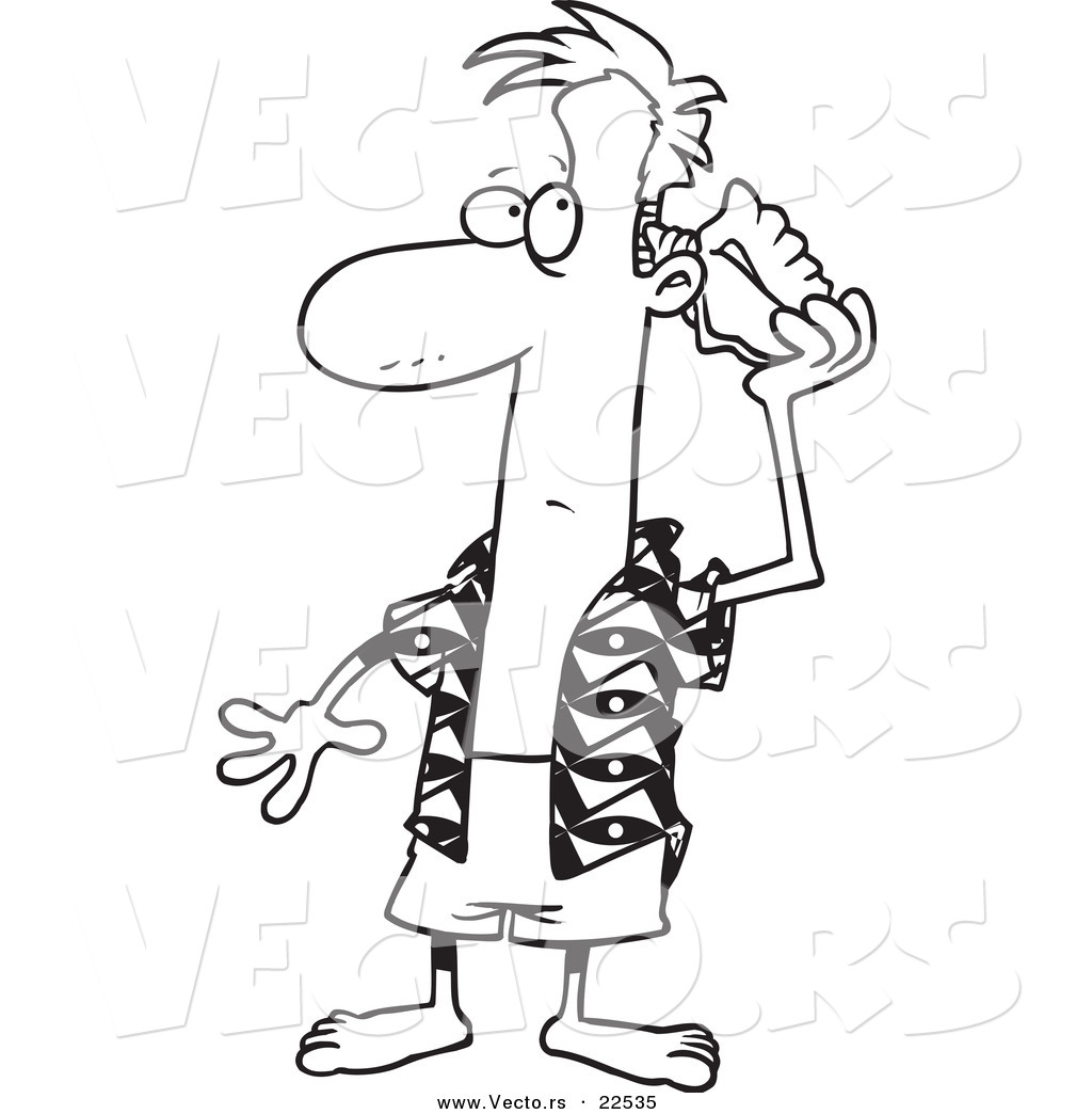 R of a cartoon man listening to a conch shell