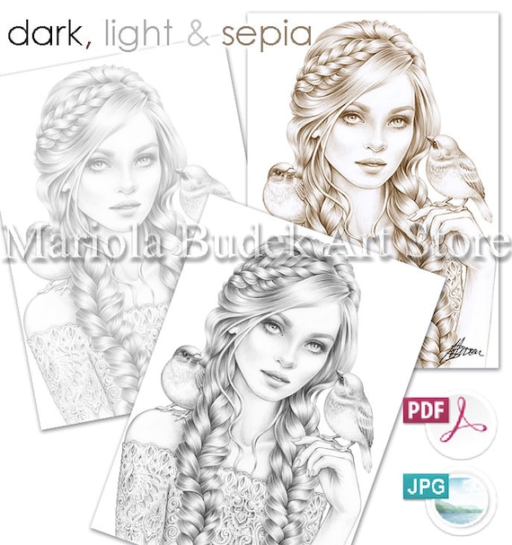 Listening to nature mariola budek premium coloring page printable adult colouring pages book instant download grayscale illustration