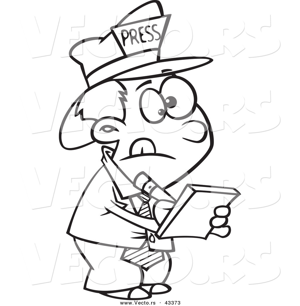 R of a listening cartoon reporter boy taking notes