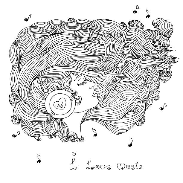 Coloring page girl with wavy hair listening music in headphones stock illustration