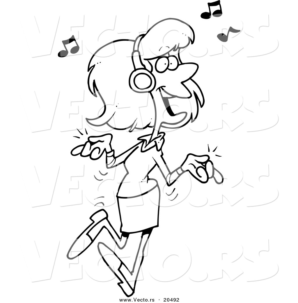 R of a cartoon woman dancing and listening to music
