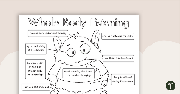 Whole body listening poster and matching worksheet teach starter