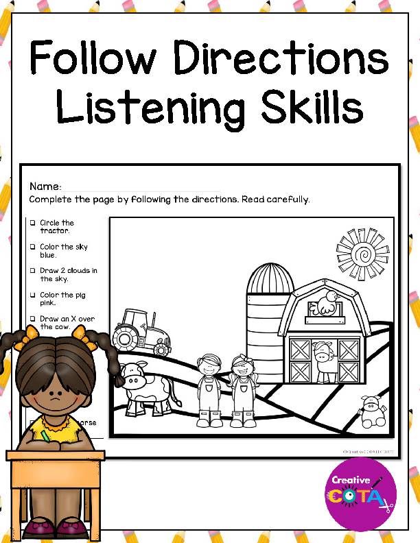 Following directions coloring activity for listening prehension skills