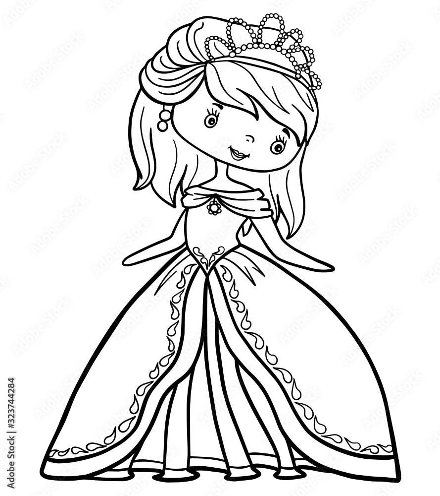 Little princess girl coloring book outline stroke illustration baby cute character vector page queen crown fairy tale vector