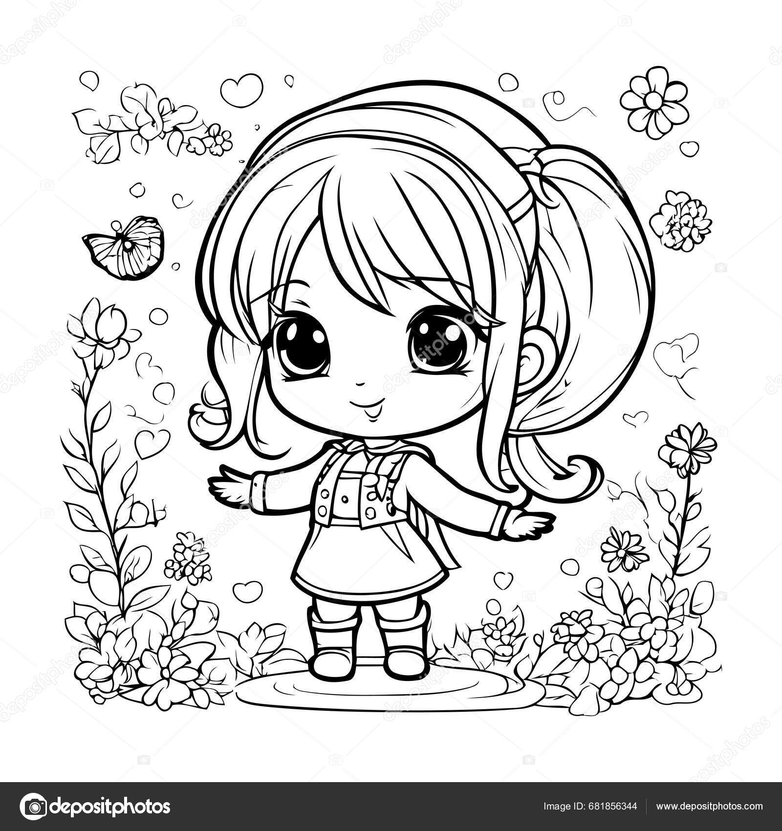 Coloring page outline cartoon little girl garden stock vector by ibrandify