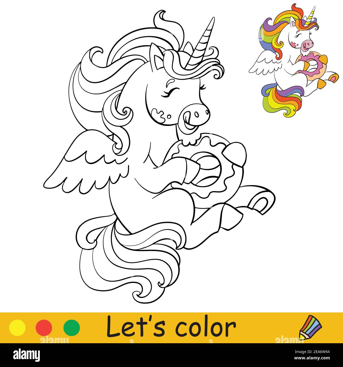 Cute little unicorn eating a doughnut coloring book page with colorful template vector cartoon illustration isolated on white background for colori stock vector image art