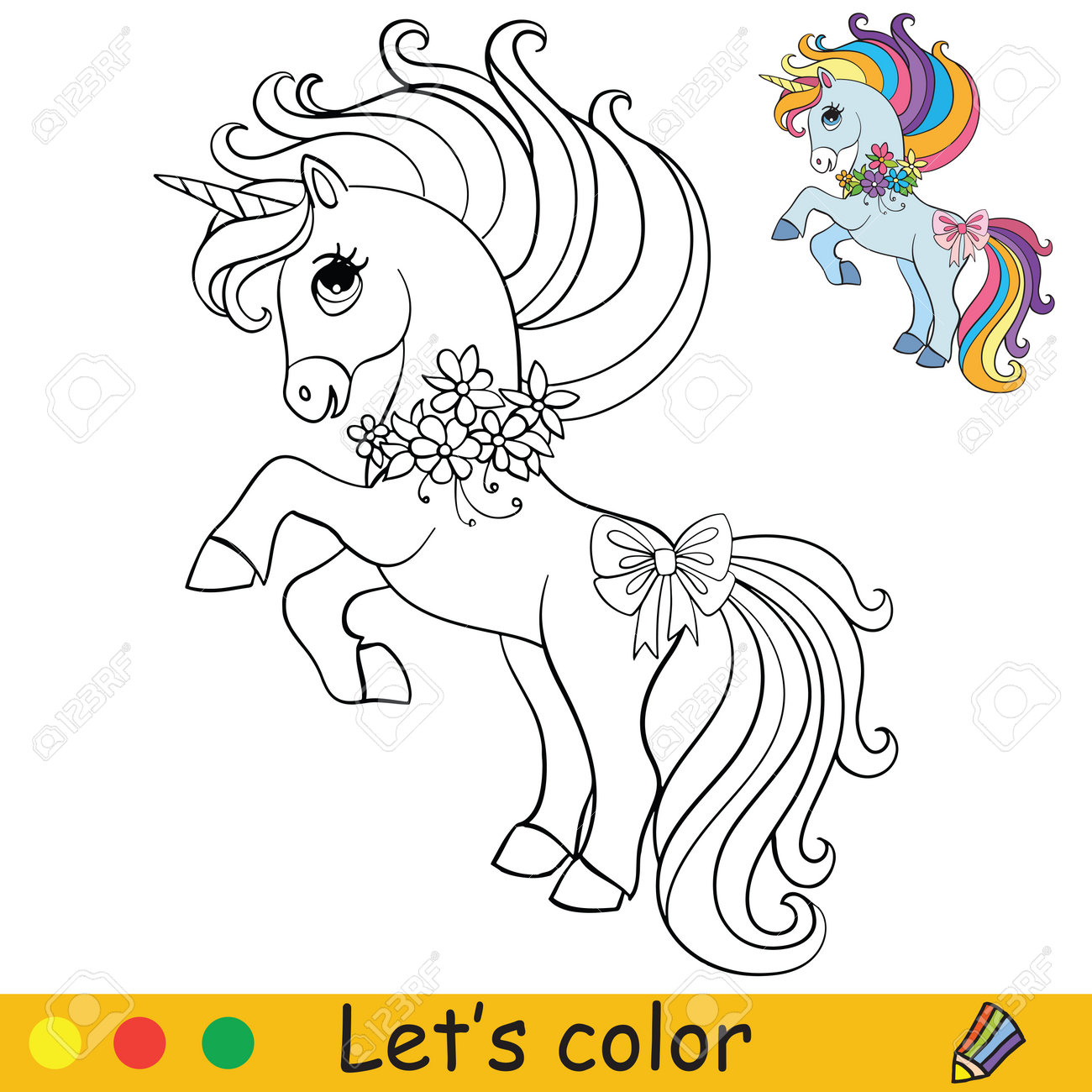 Cute little unicorn with flowers coloring book page for children with colorful template vector cartoon illustration isolated on white background royalty free svg cliparts vectors and stock illustration image