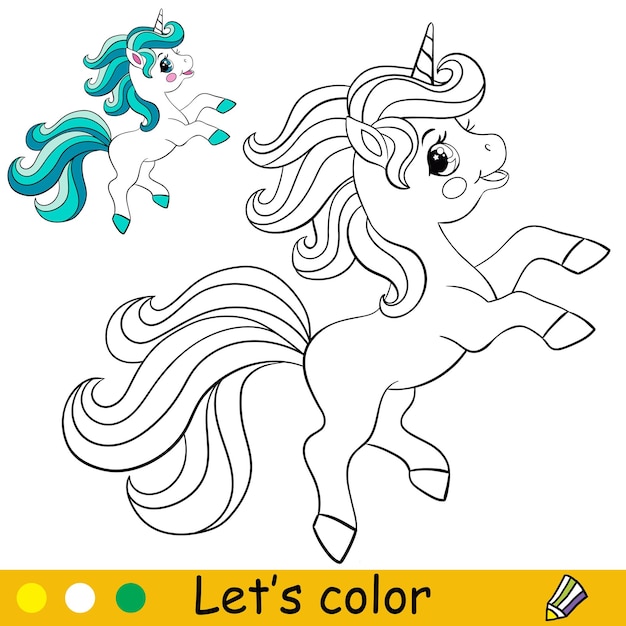 Premium vector cartoon cute happy little unicorn coloring book page vector