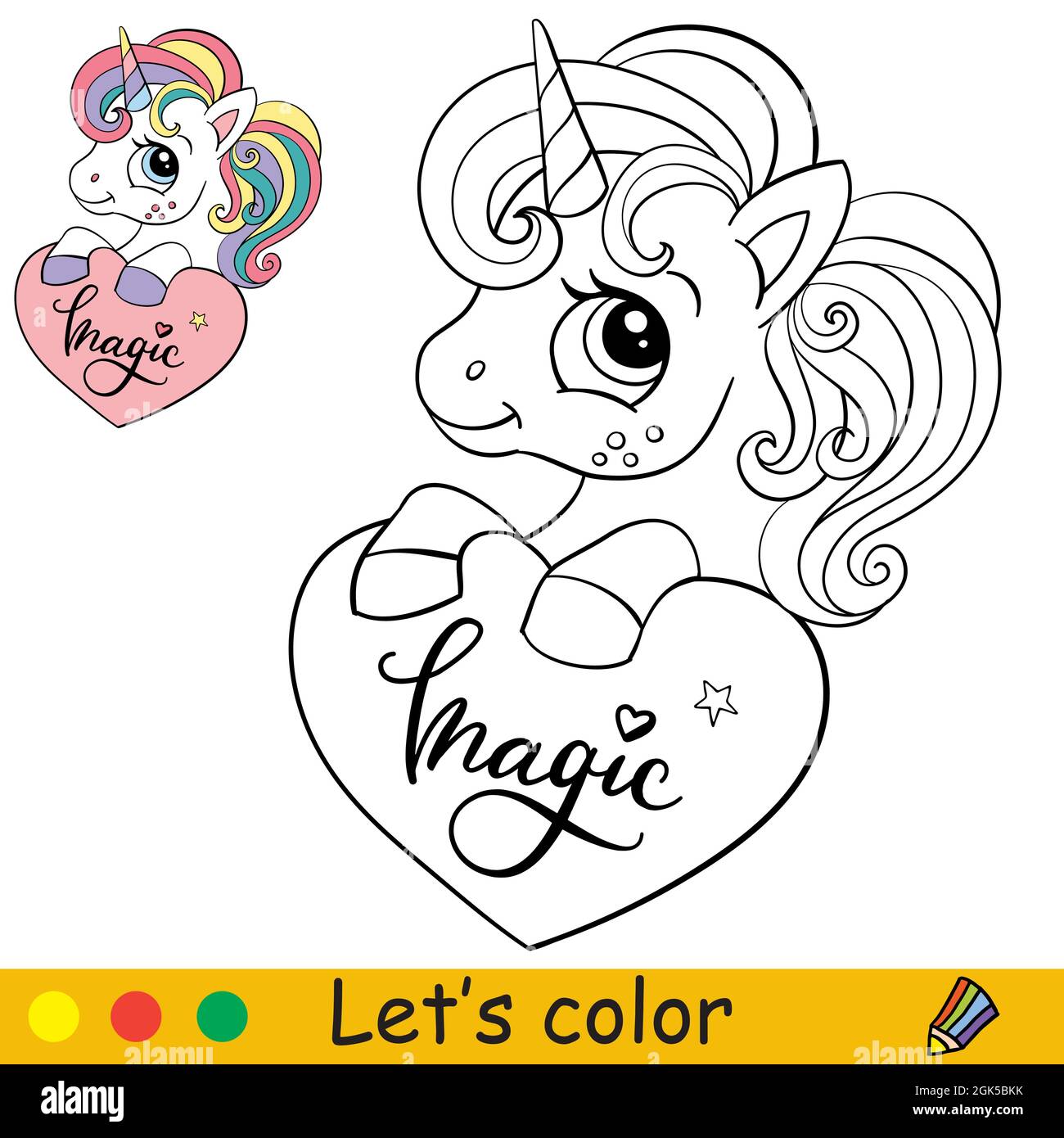 Cute little unicorn with a heart coloring book page for children with colorful template vector cartoon illustration for education print game dec stock vector image art