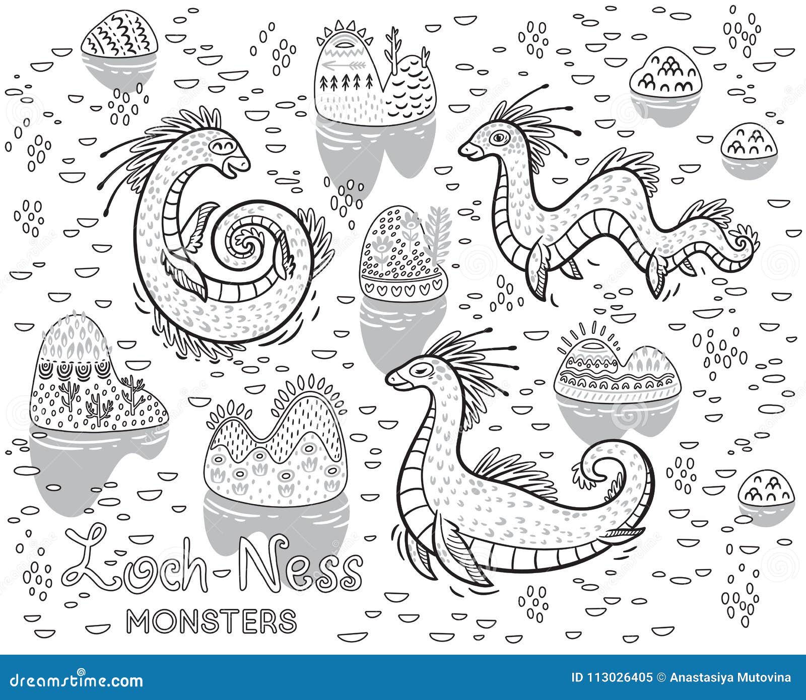 Contour loch ness monsters and decorative hills in the lake vector children collection ideal for coloring book stock vector