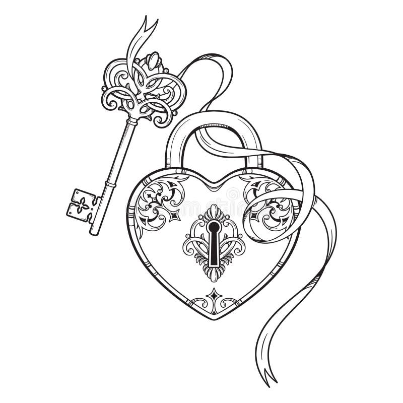 Key and heart shaped padlock in vintage style coloring book page for kids and adults hand drawn line art print or tattoo stock vector