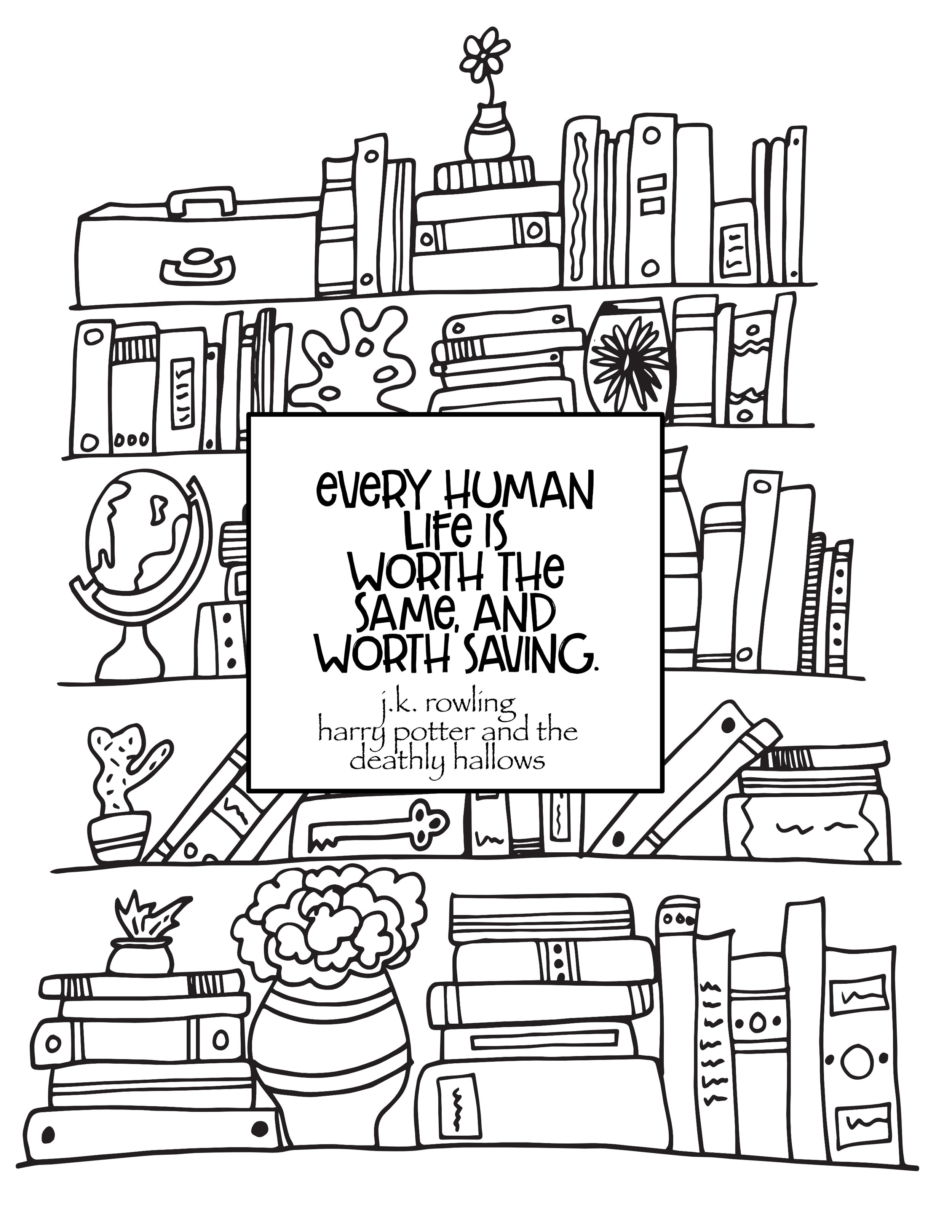Bookshelf deathly hallows quote