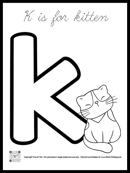 Cute lowercase letter k is for kitten coloring pages cursive font â the art kit