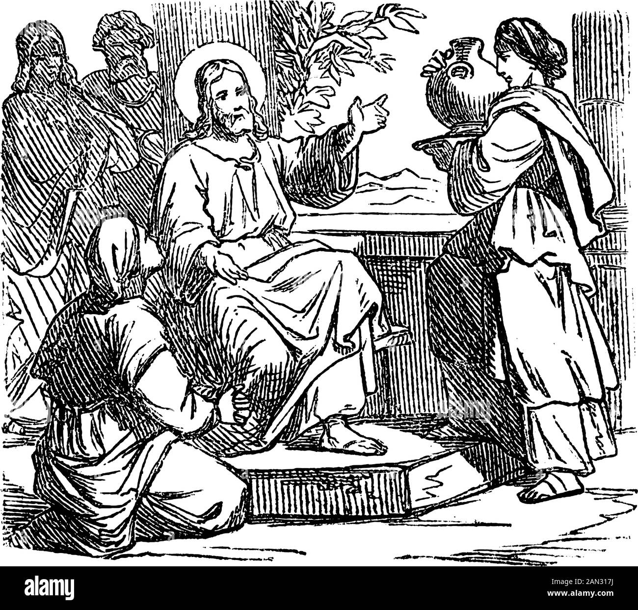 Vintage drawing or engraving of biblical story of jesus at home of mary and martha biblenew testamentluke biblische geschichte germany stock vector image art