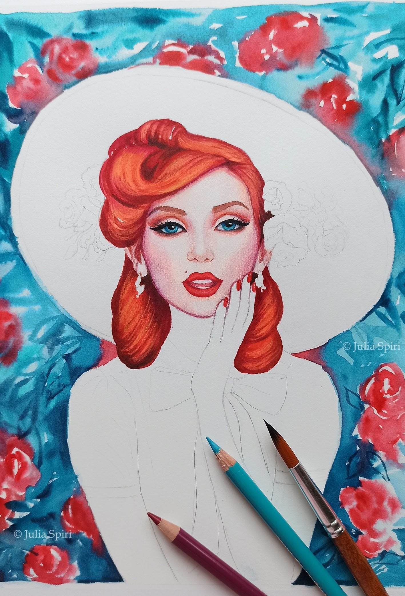 Grayscale coloring page vintage girl with hat madeline â the art of julia spiri