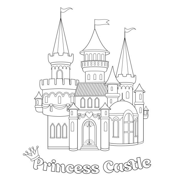 Beautiful fairytale castle for princess magic kingdom sketch with vintage palace coloring page for children black outline drawing wonderland isolated cartoon illustration vector stock illustration