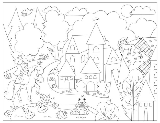 Premium vector vector black and white medieval village landscape with princess and unicorn magic kingdom coloring page stone and wooden line building surrounded by magic forest illustrationxa
