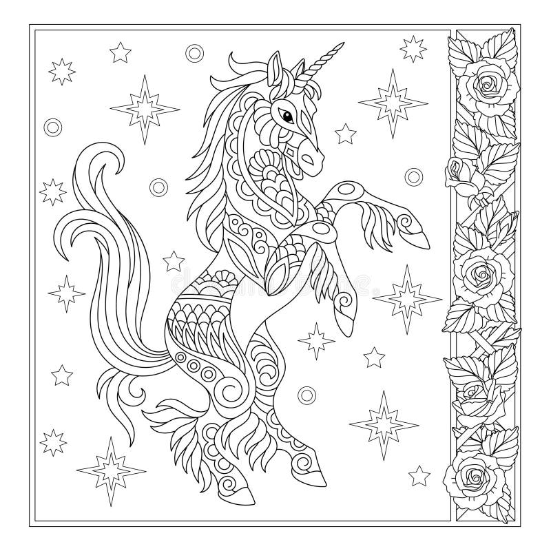 Coloring page with unicorn and stars stock vector
