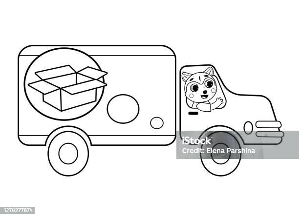 Coloring page outline of cartoon cargo delivery truck with animal vector image on white background coloring book of transport for kids stock illustration