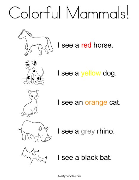 Colorful mammals coloring page