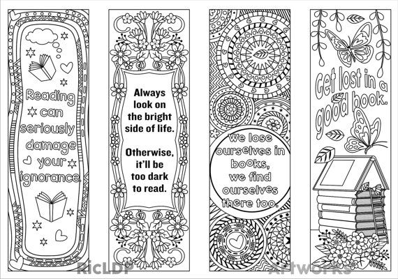 Coloring bookmarks with quotes on books reading includes colored items motivational phrases digital download download now