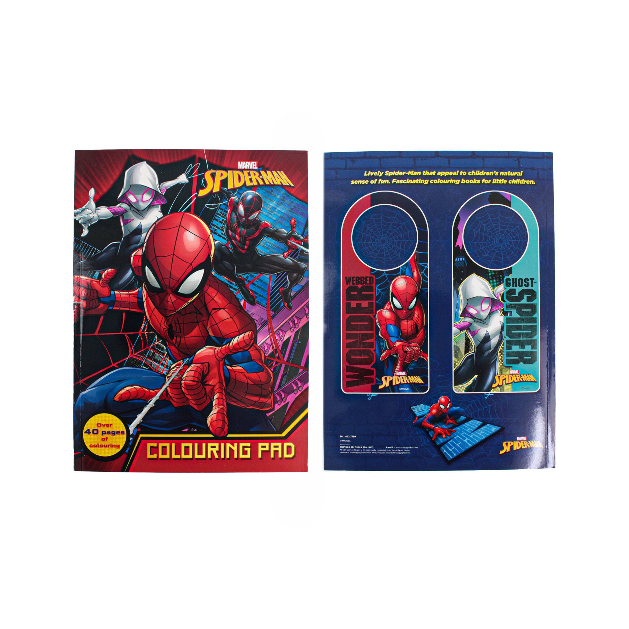 Marvel spiderman set colouring book activity pad with colour pencils free bookmark rulers