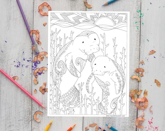 Manatees coloring sheet for adults and kids printable coloring page downloadable colouring sheet ocean animal coloring page