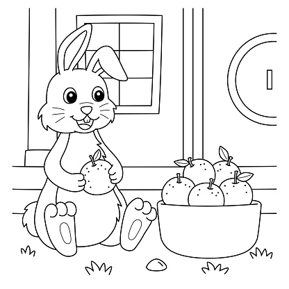 Rabbit holding mandarin orange coloring page for kids stock illustration