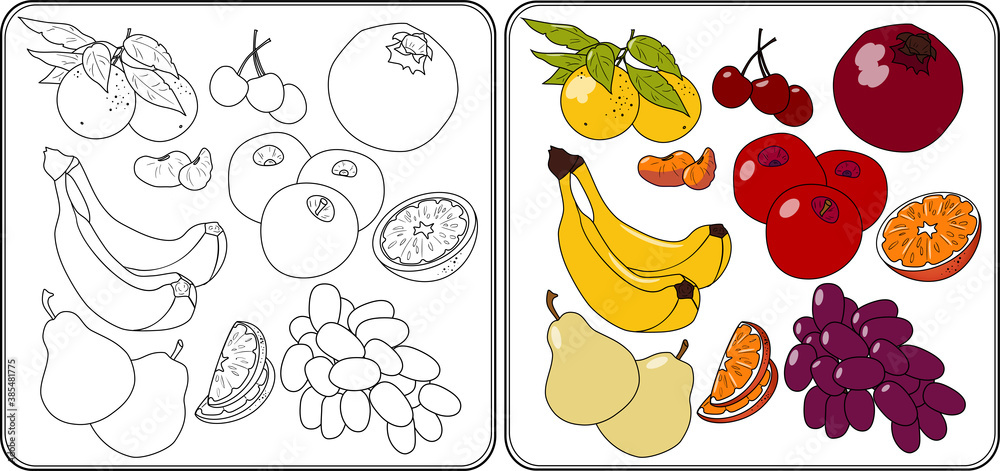 Nature coloring page and colorful designs for coloring book basket of fruits