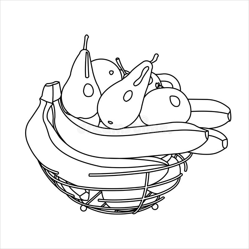 A bowl of fruit a lot of different fruits banana pear orange mandarin apple for childrens coloring book vector image stock illustration