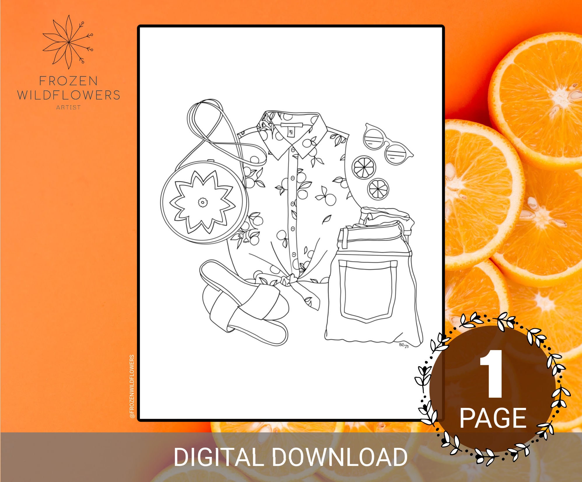 Orange outfit coloring page digital printable pdf