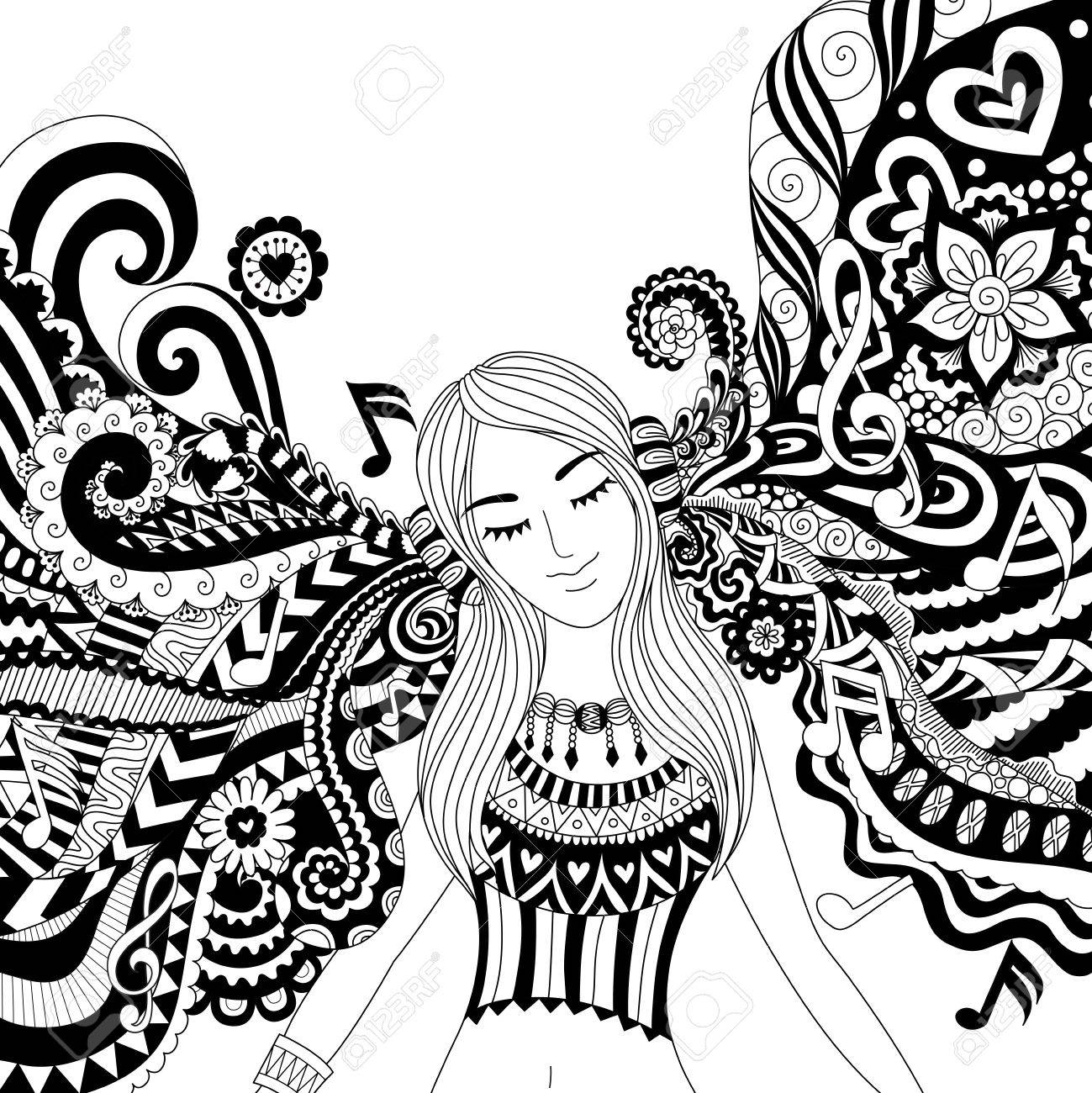 Girl listening to music happily zendoodle design for banner card t shirt adult coloring book pages royalty free svg cliparts vectors and stock illustration image